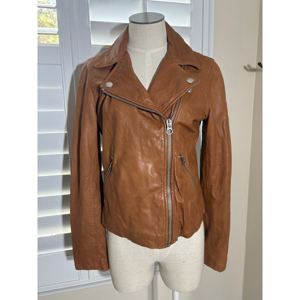 Madewell Washed Leather Motorcycle Jacket Size S Brown Lined Soft Fitted Edgy